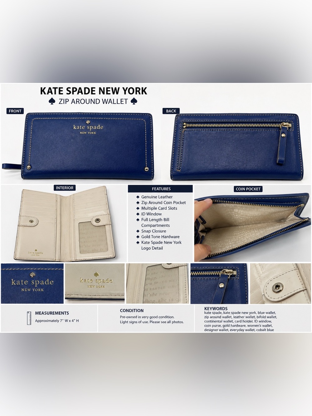 Kate Spade New York Blue Leather Zip Around Wallet Bifold Continental 7” X4”
